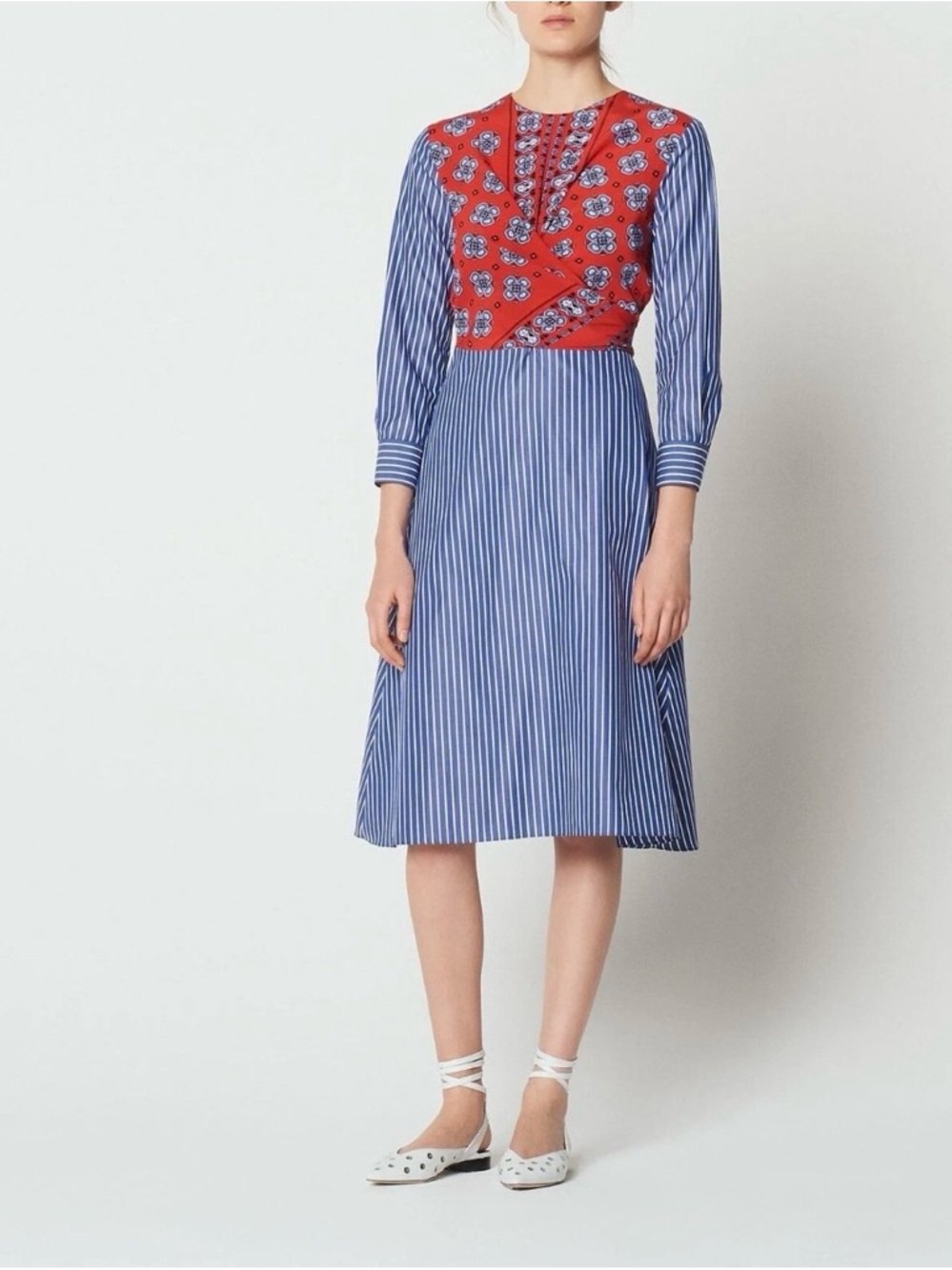 Sandro Isadora Scarf Print Blue Stripe Midi Dress